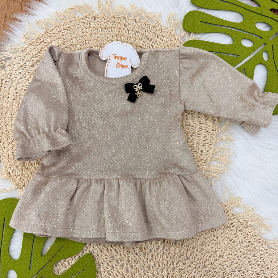 Vestido Manga Longa em Plush Foil com Lacinho e Brilhos - Marrom